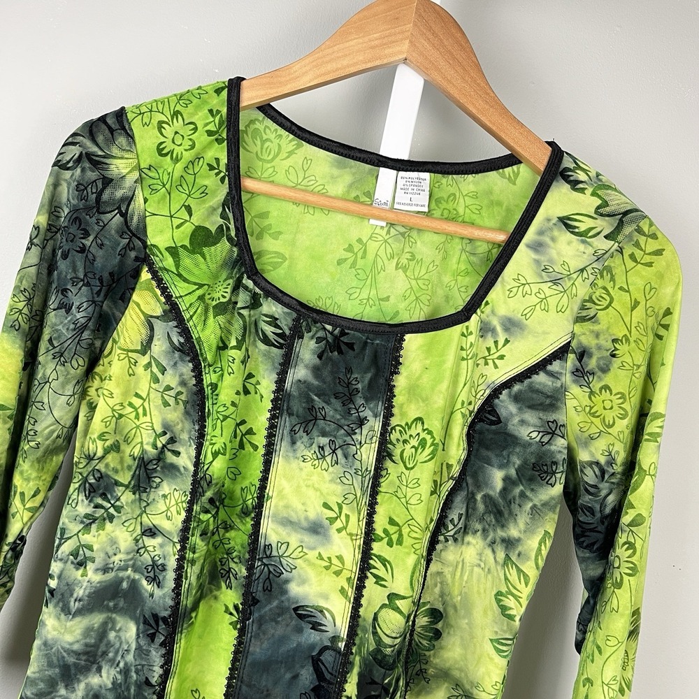 Sami & Jo Y2K Top Blouse Womens L Green Black Flocked Floral Witchy Whimsygoth